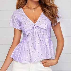 Knot Front Ditsy Floral Peplum Top